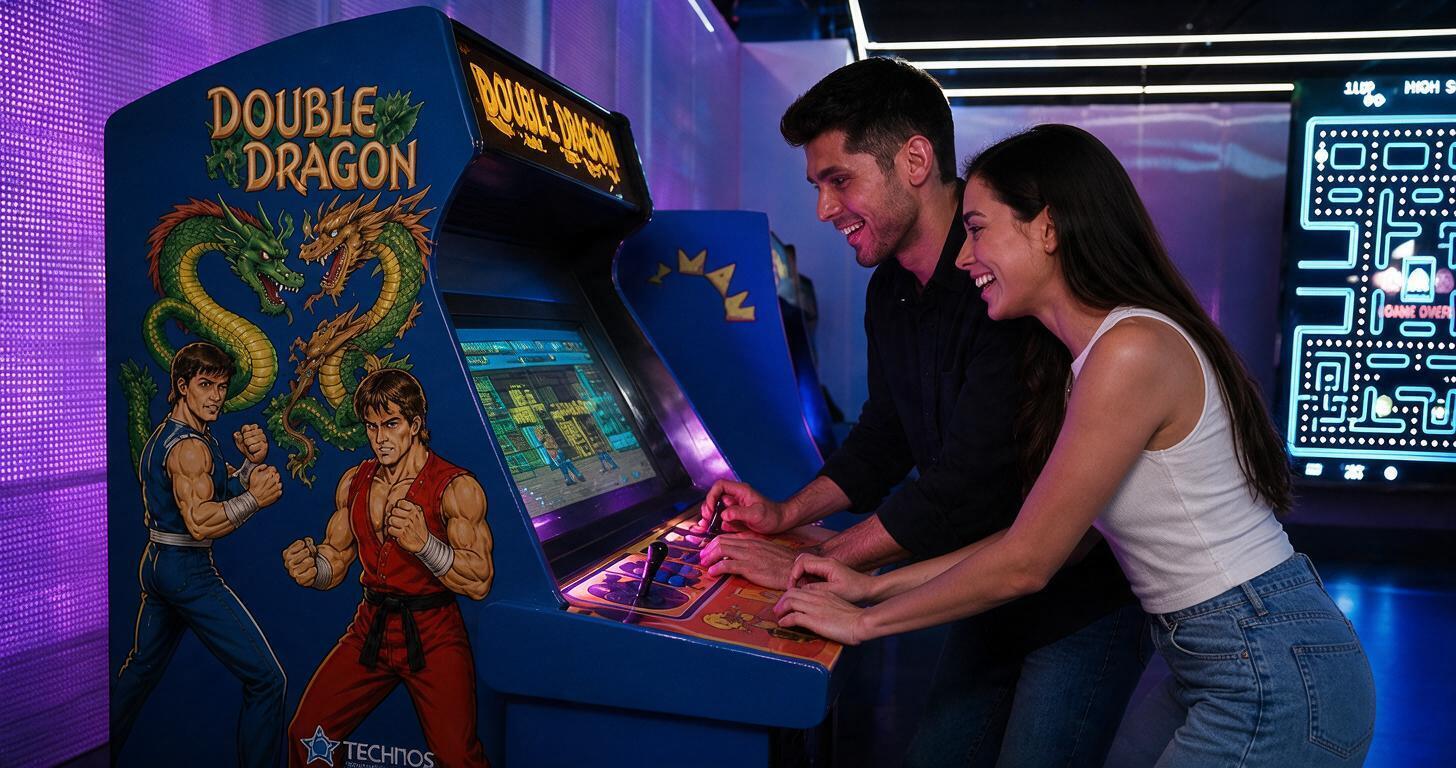Two people playing a co-op arcade game side by side